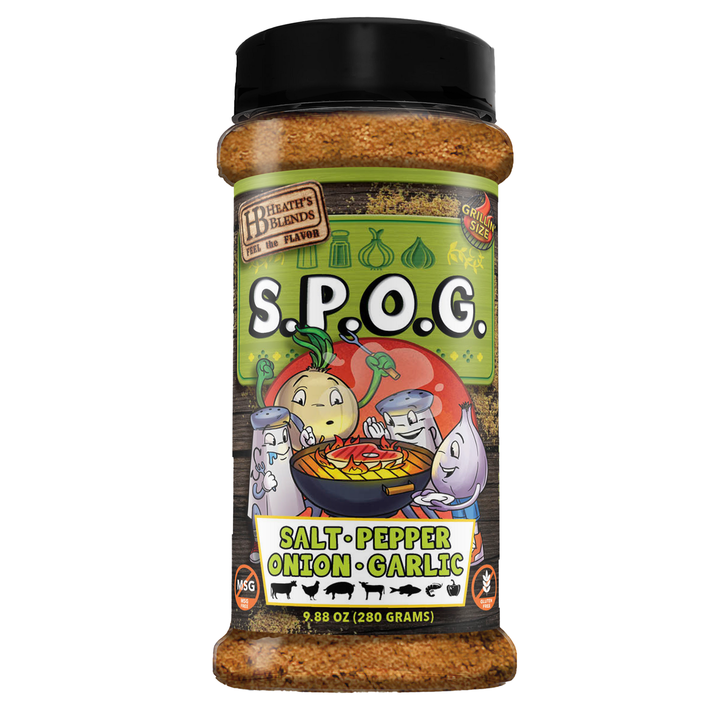 Cartoon salt, pepper, onion, and garlic sitting around a bbq on a label of seasoning