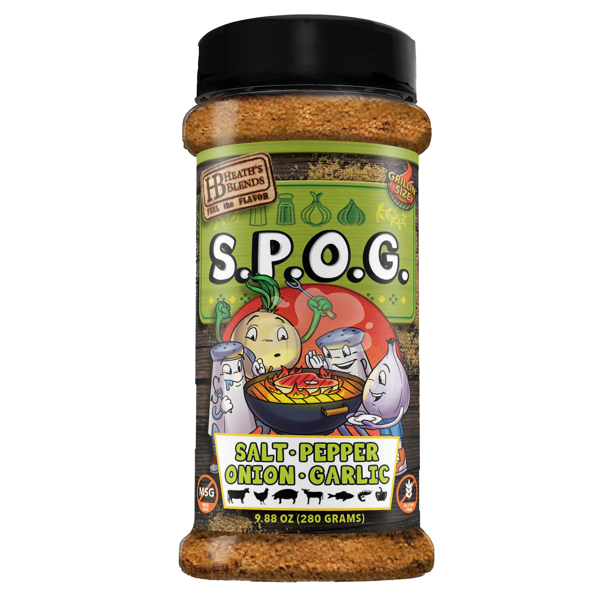 Cartoon salt, pepper, onion, and garlic sitting around a bbq on a label of seasoning