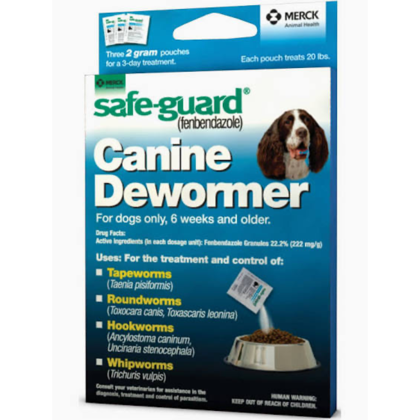 Safe-Guard Canine Dewormer packaging for dogs with Merck logo