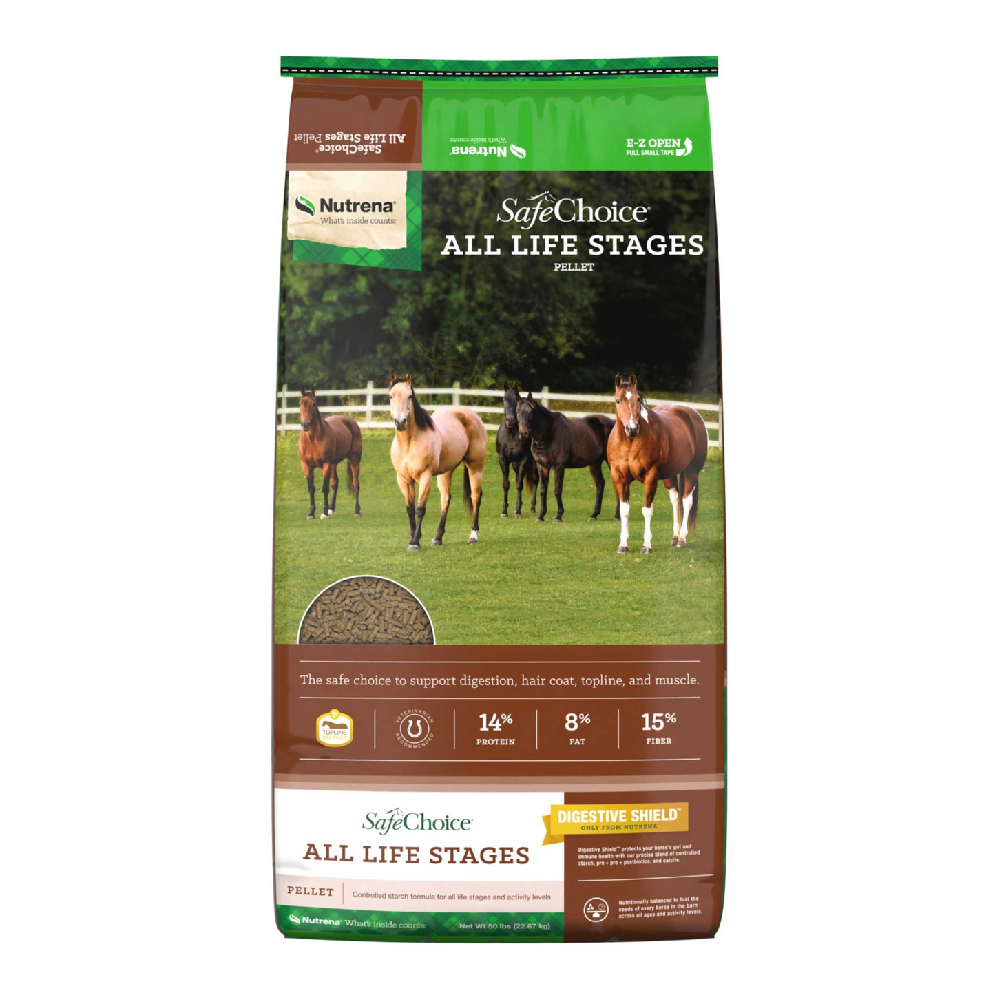 Bag of Nutrena SafeChoice All Life Stages horse feed with horses on a grassy field.