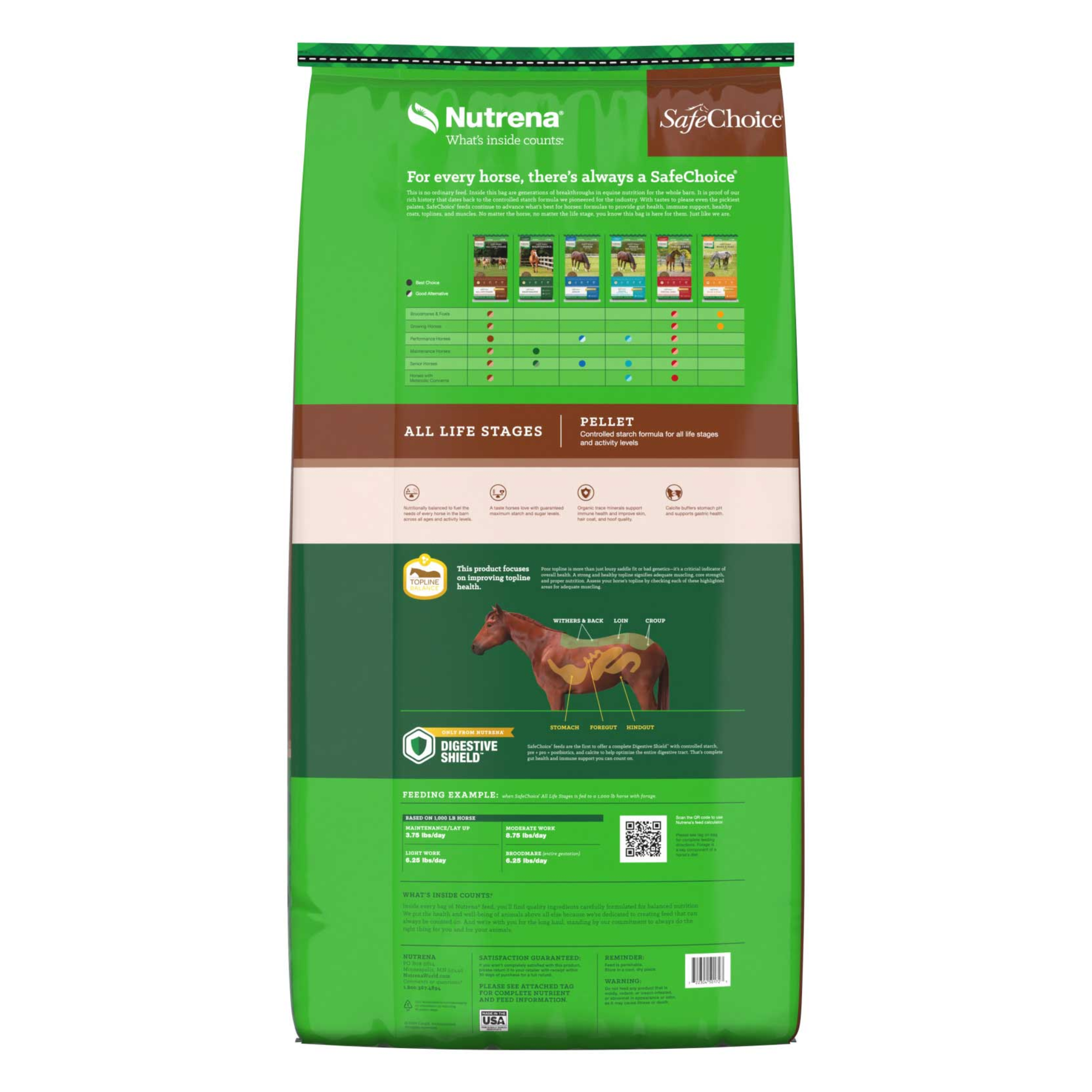 Green Nutrena SafeChoice horse feed bag on a white background