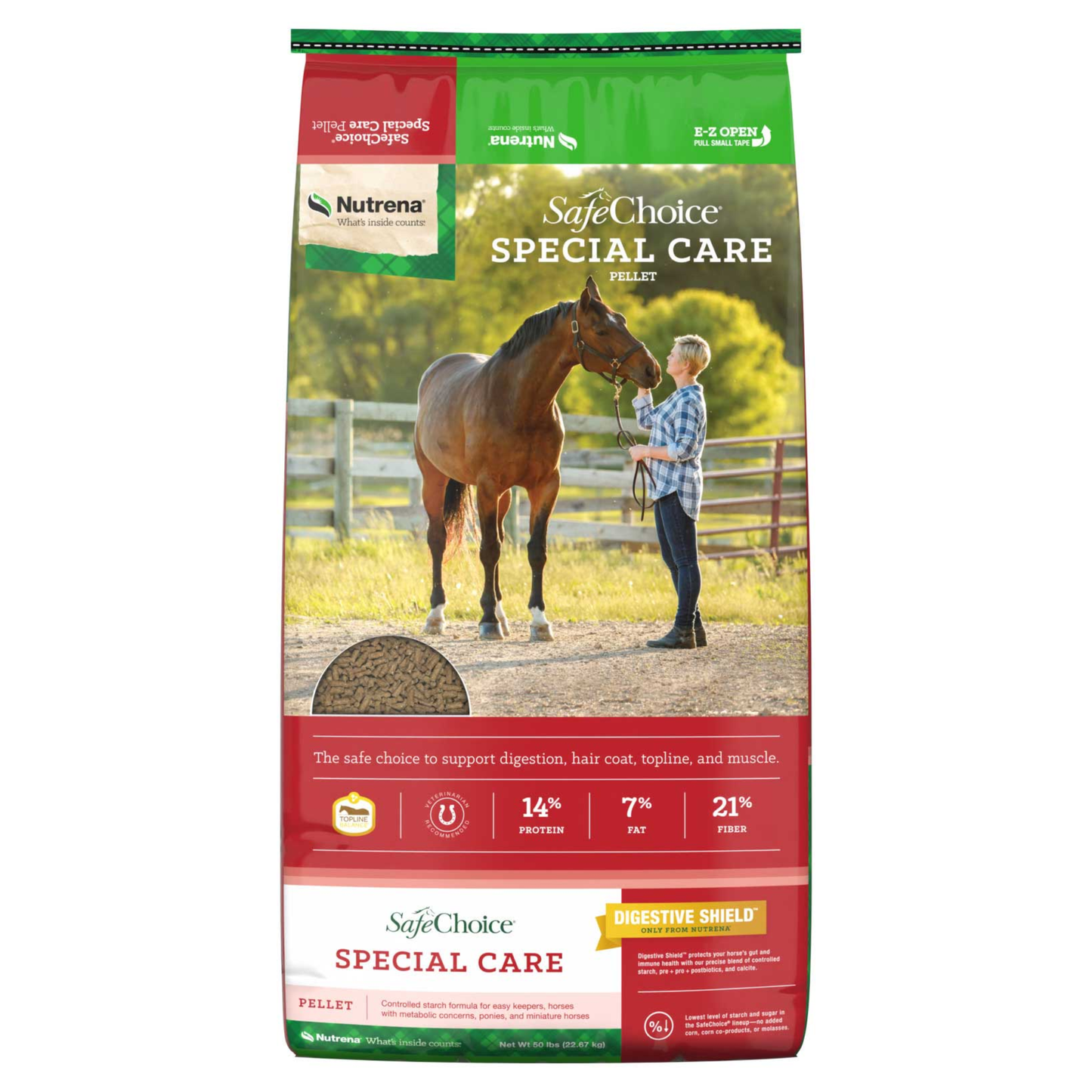 Bag of Nutrena SafeChoice Special Care horse feed with a person and horse on the label.