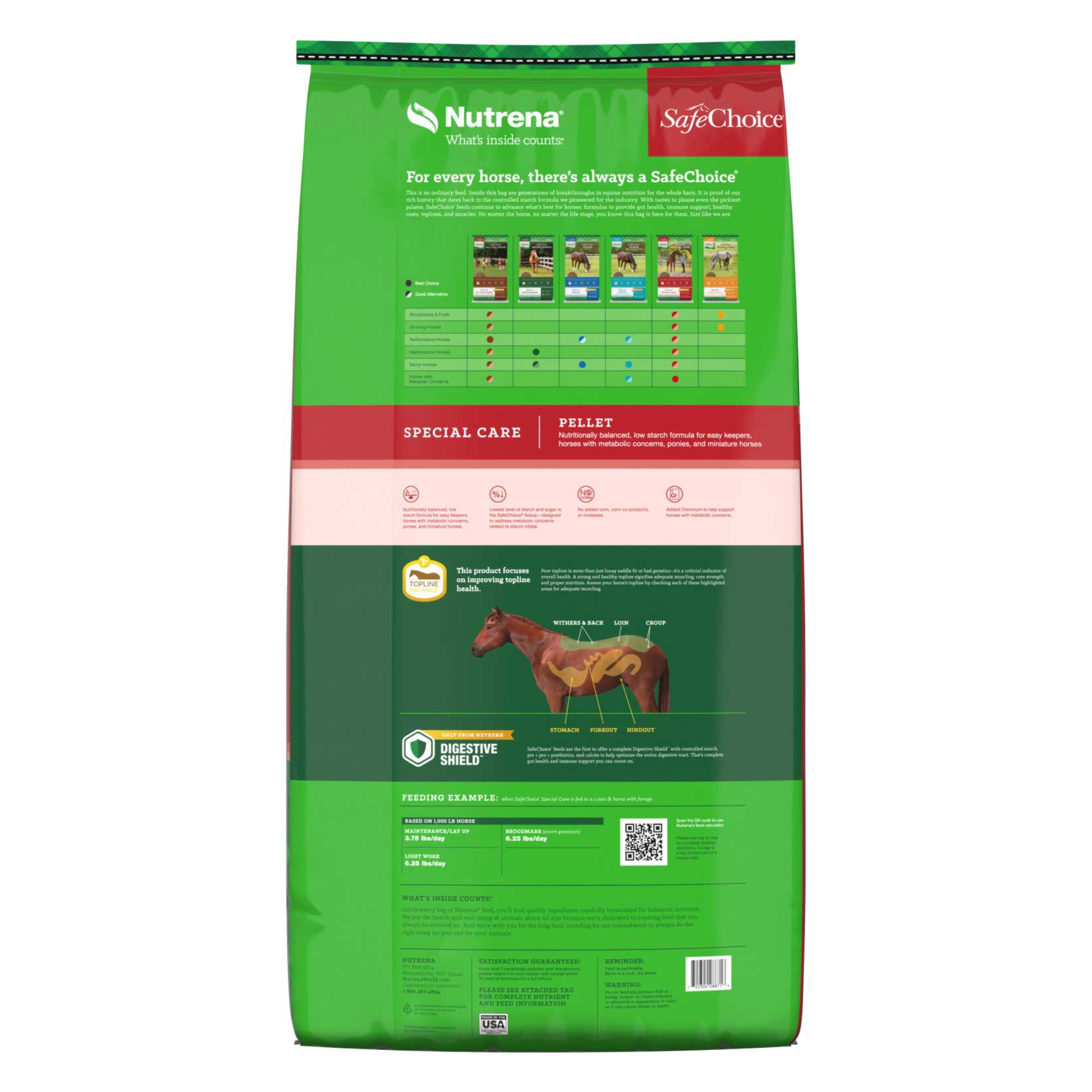 Green bag of Nutrena SafeChoice horse feed on a white background
