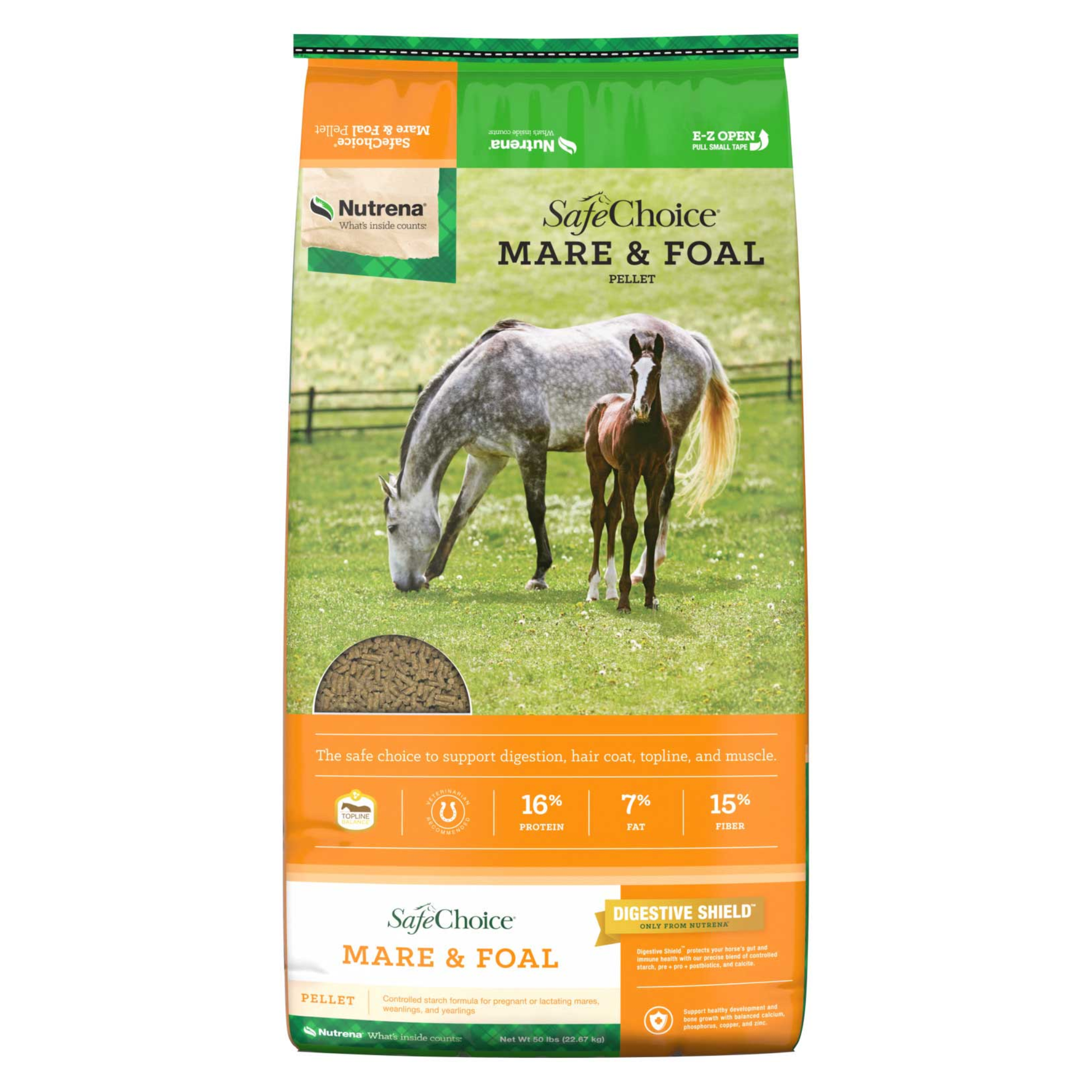 Bag of Nutrena Safe Choice Mare & Foal feed with horses on a grassy field