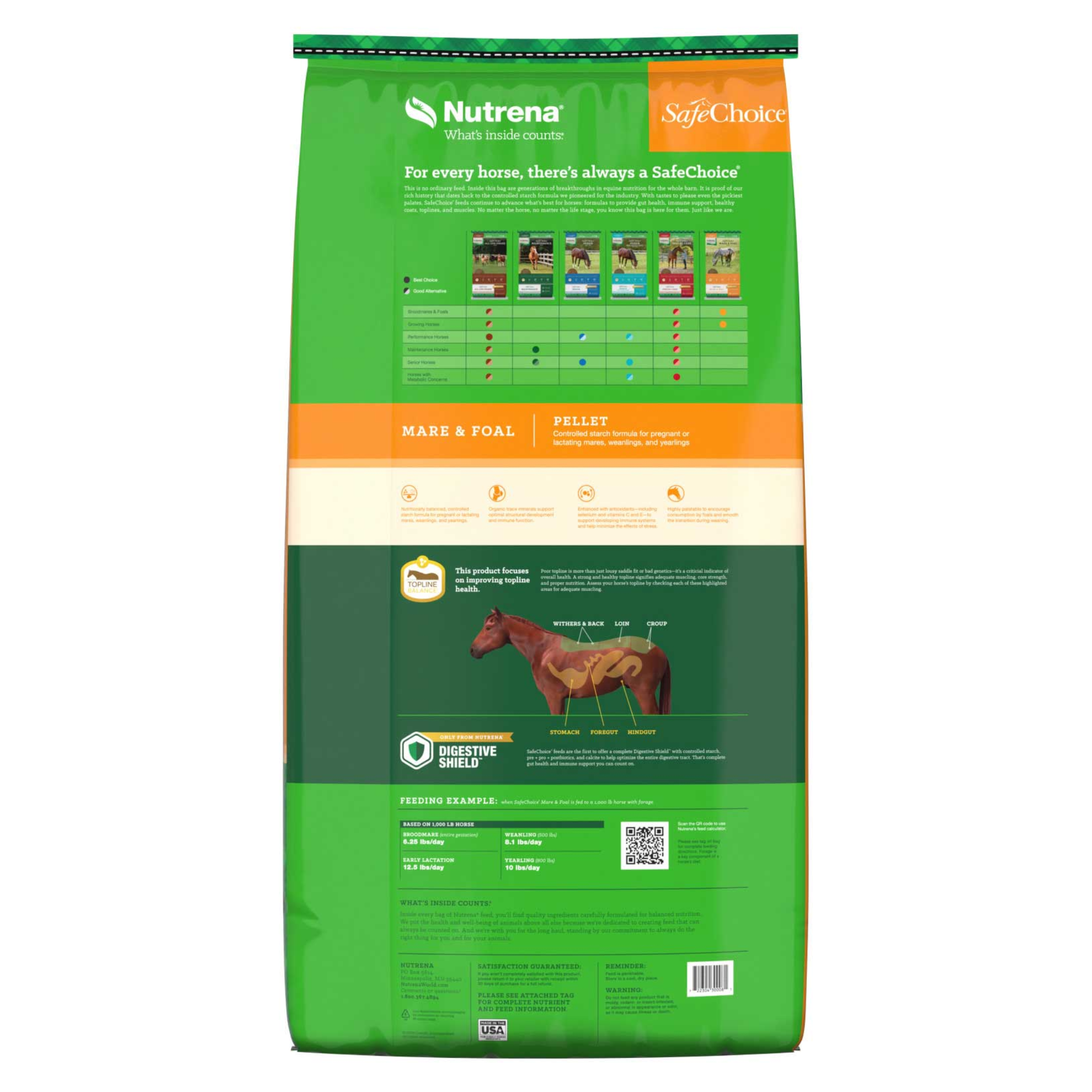 Green bag of Nutrena SafeChoice horse feed on a white background