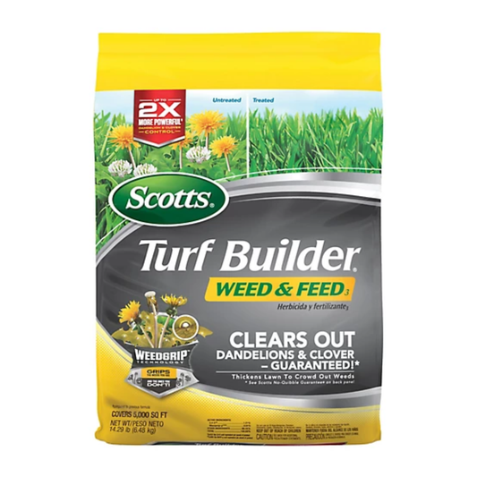 Scotts Turf Builder Weed & Feed fertilizer package on a white background