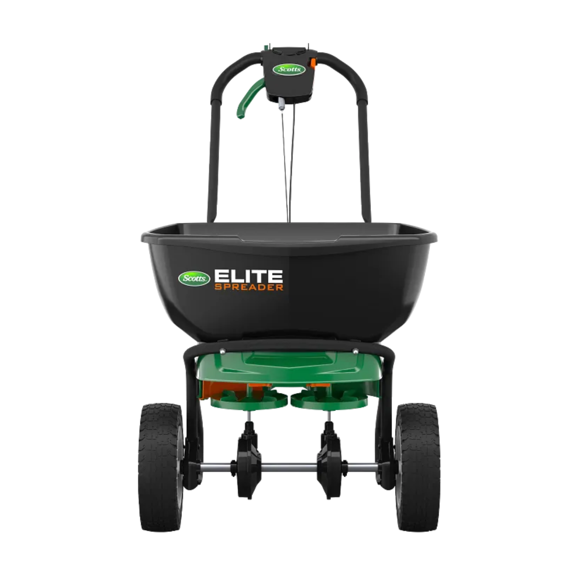 Black lawn spreader with wheels on a white background