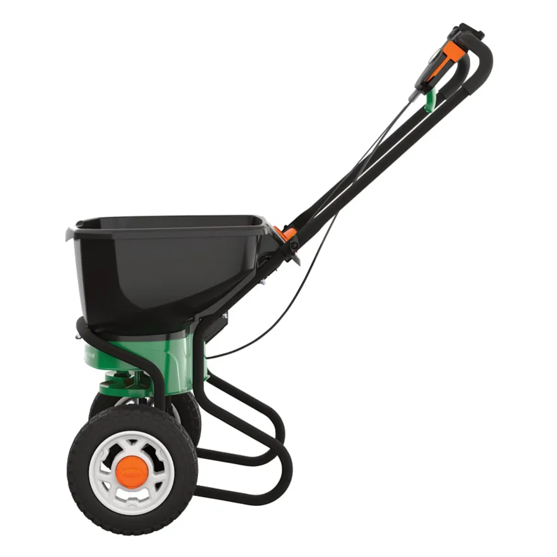 Black and green fertilizer spreader on a white background