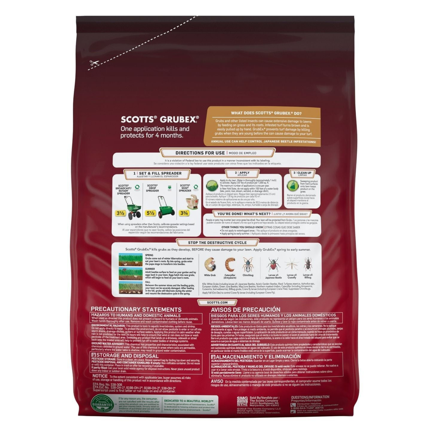 Back view of a Scotts Grubex product packaging with text and graphics.