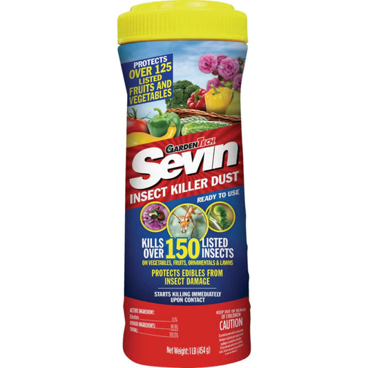 A bottle of Sevin Insect Killer Dust with a label showing a garden and a list of fruits and vegetables that it is safe to use on.