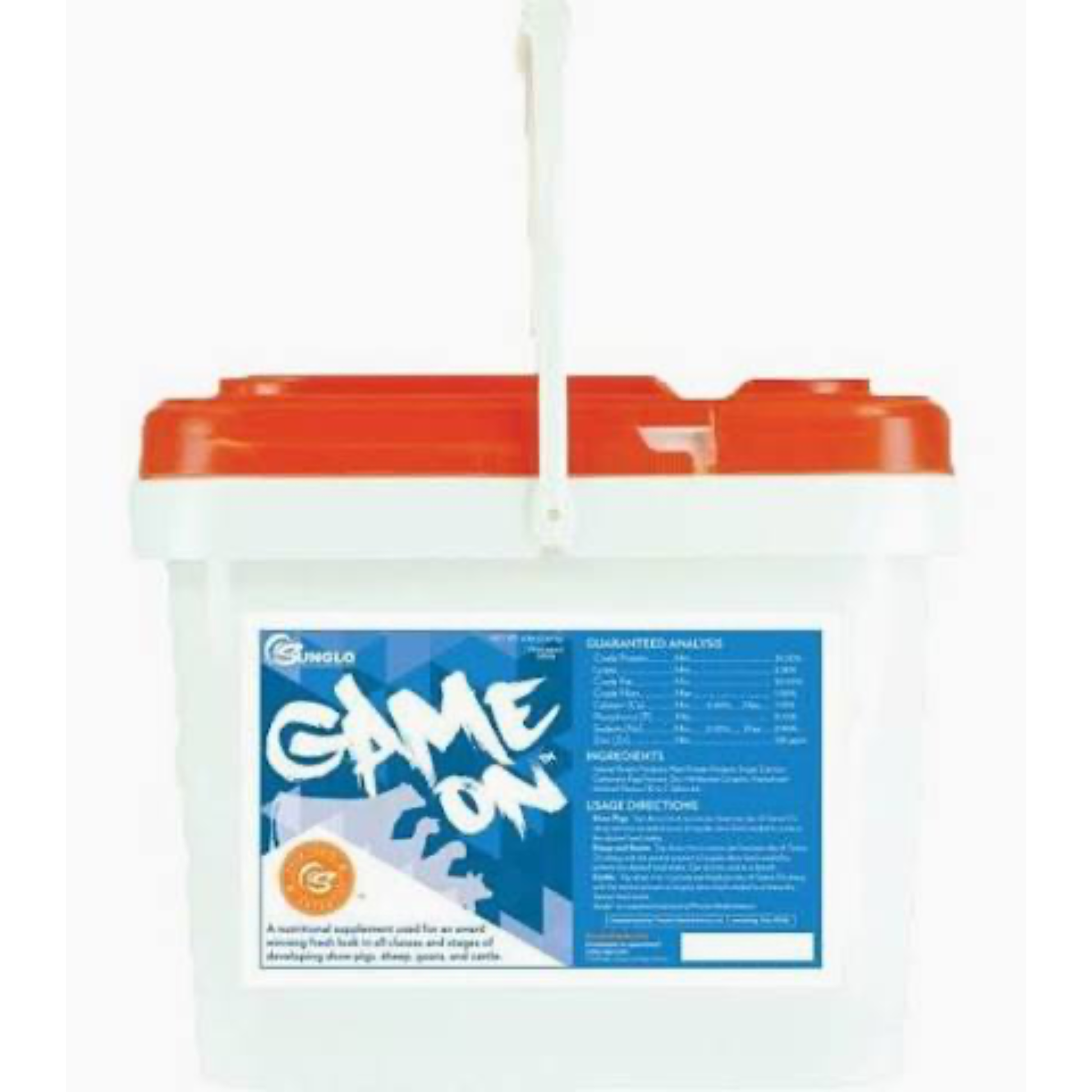 Container with red lid and 'Game On' label on a white background