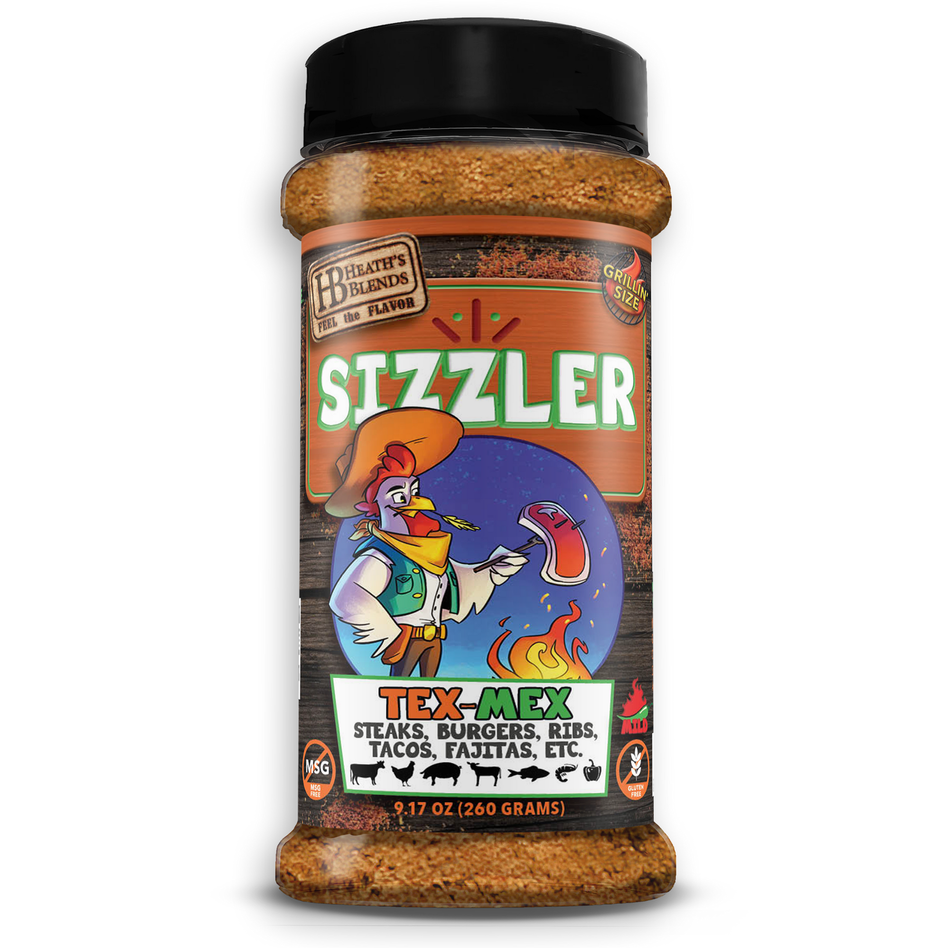 Jar of seasoning with a chicken dressed like a cowboy on the label on a white background.