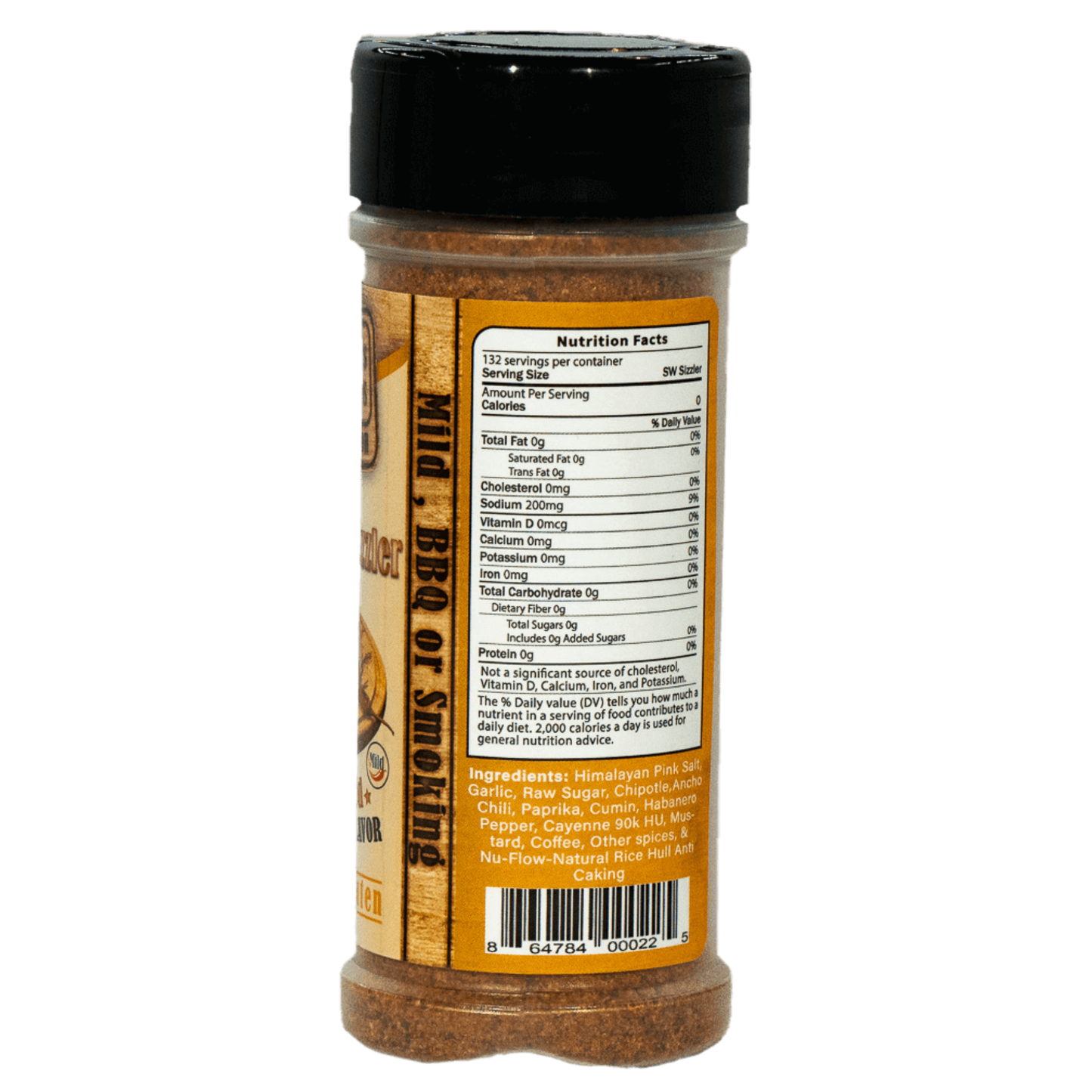 Nutrition facts on a bottle of heath's blends sizzler seasoning