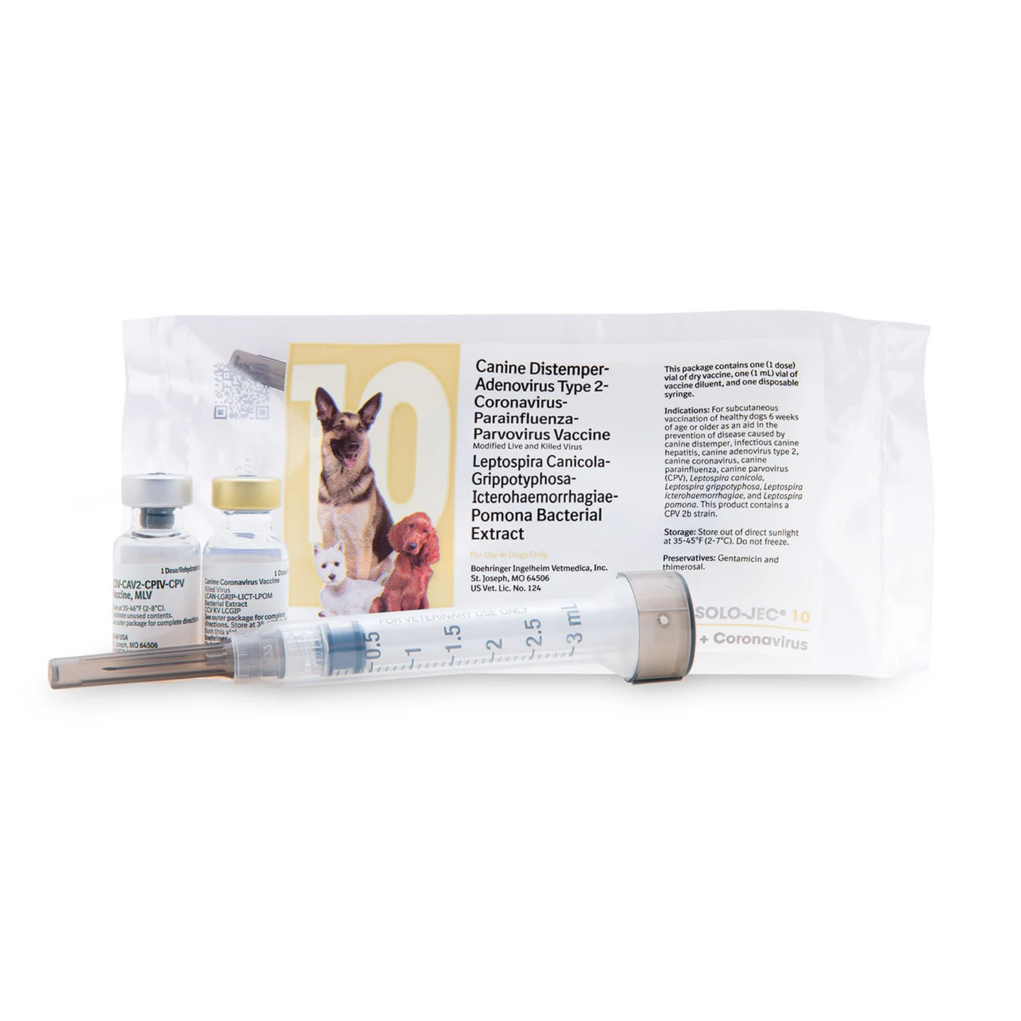 Dog vaccine kit with syringe and vials on a white background