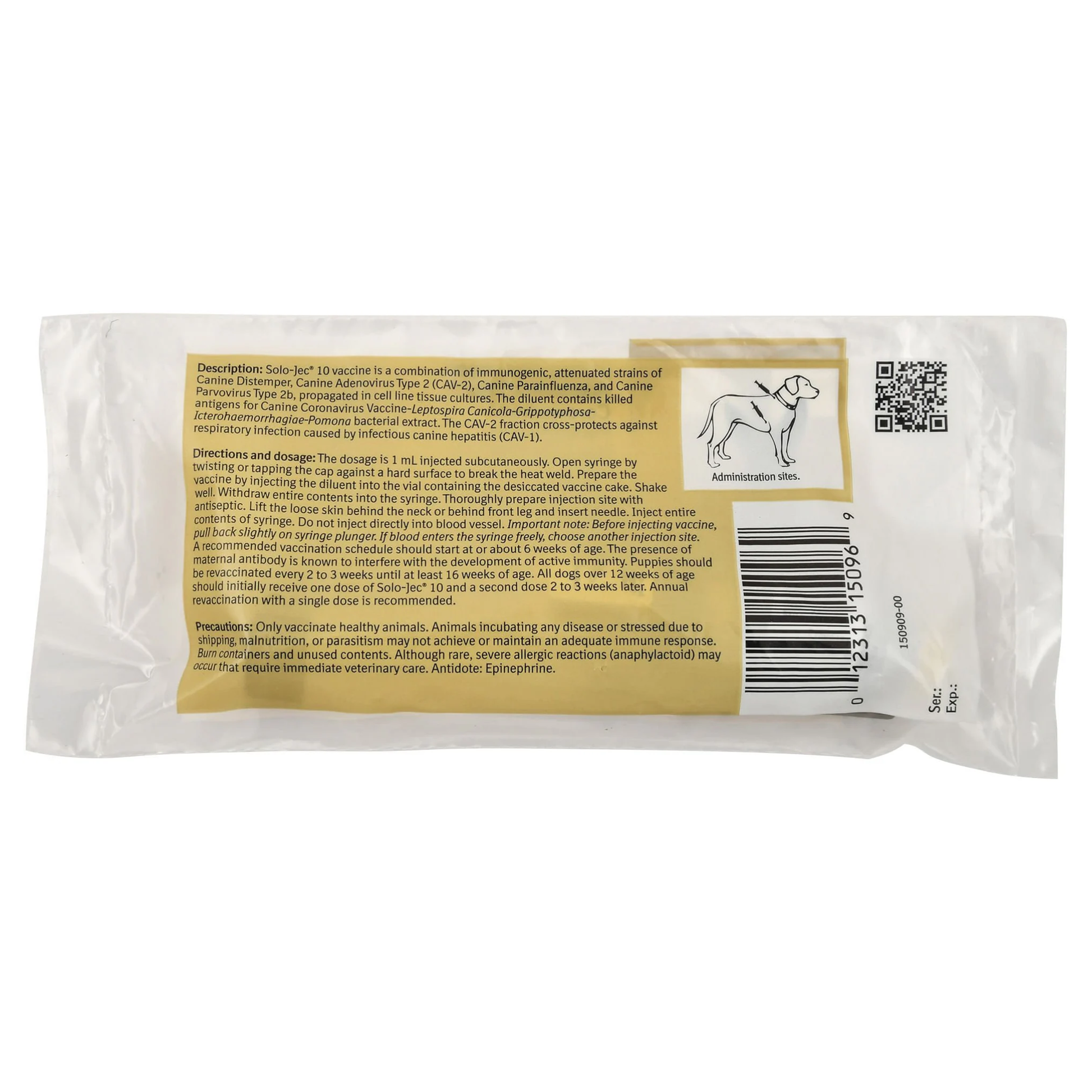 Dog vaccine package with text and a barcode on a white background