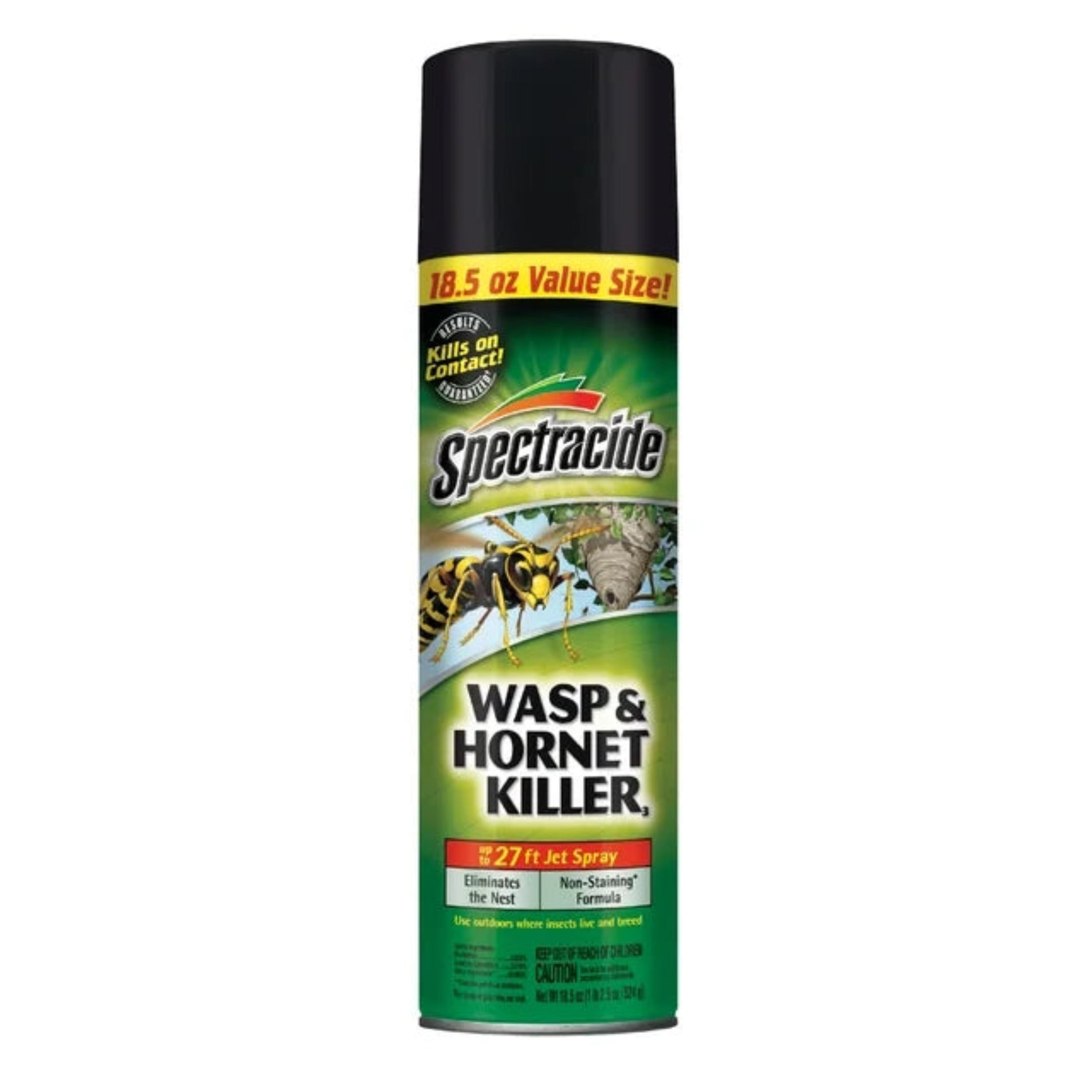 A can of Spectracide Wasp & Hornet Killer spray with a green label featuring images of wasps and a hornet.