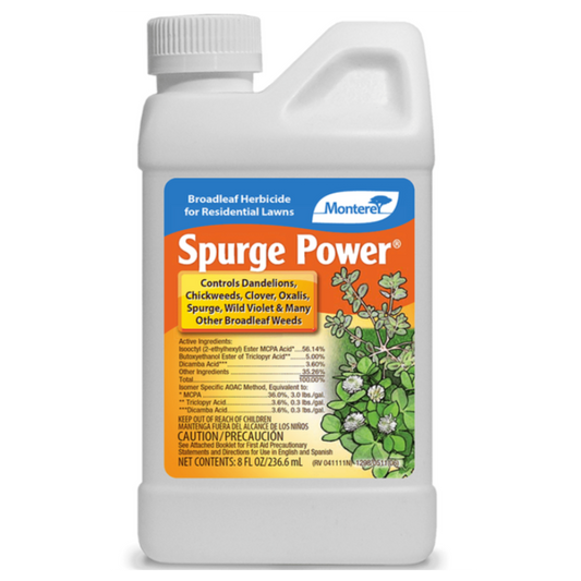 Bottle of Spurge Power herbicide with label on a white background