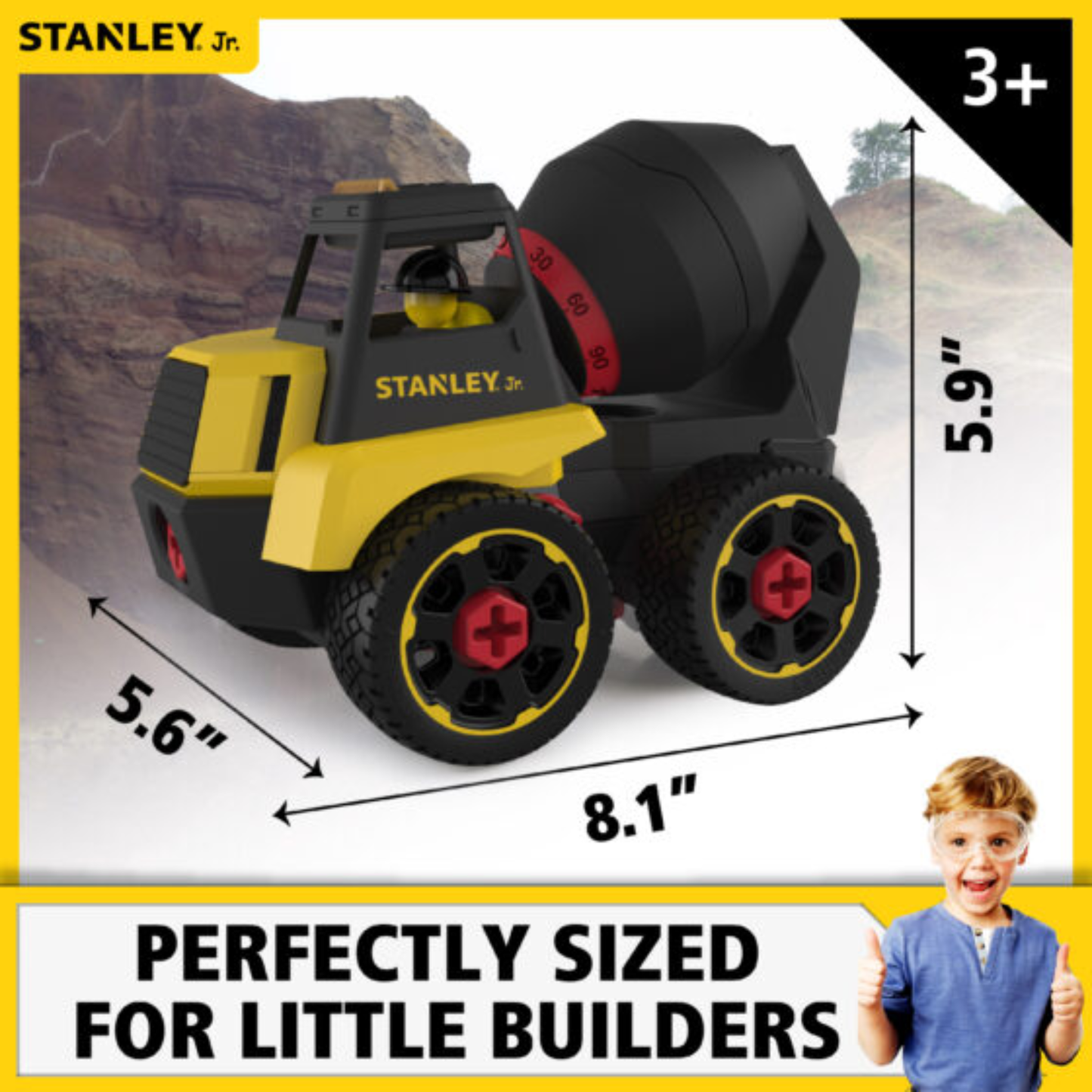 Dimensions of cement truck toy with a young builder