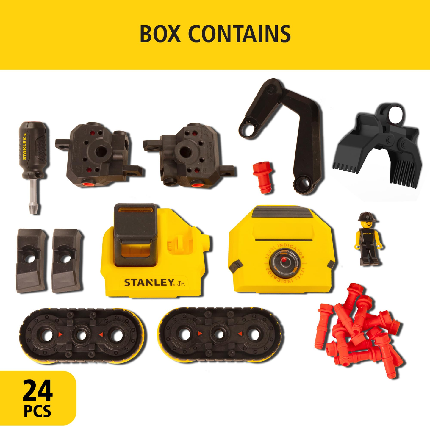 Pieces of a stanley jr. claw truck taken apart.