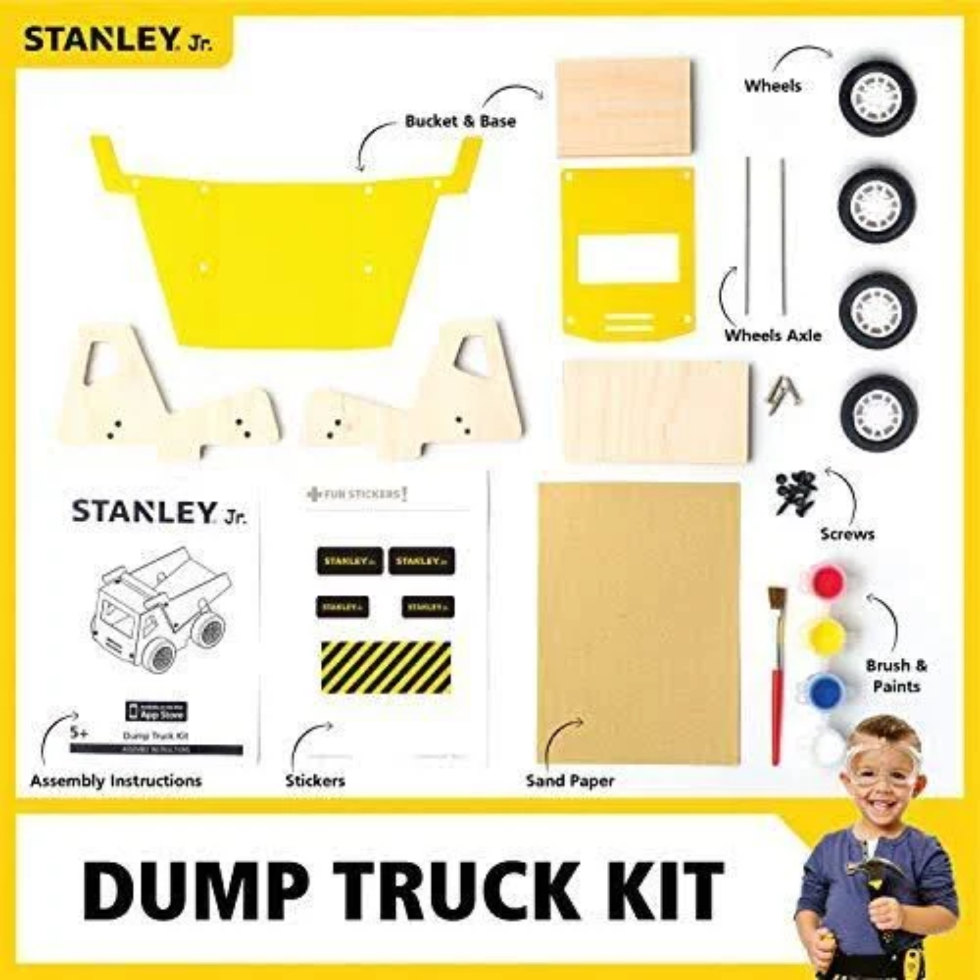 Pieces included in a stanley jr. DIY dump truck kit