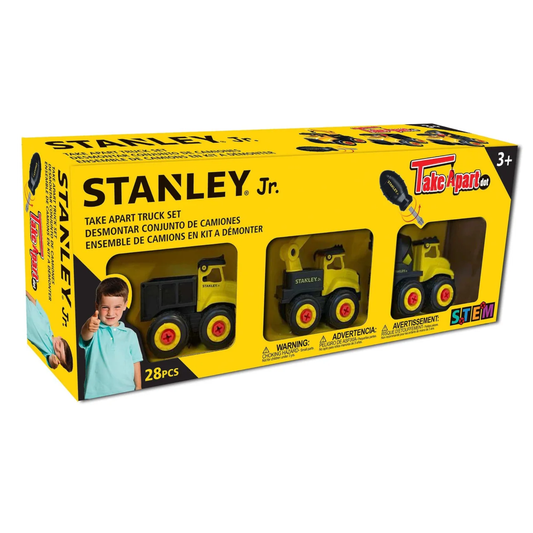 Stanley Jr. toy set packaging with toy trucks and screwdriver on a yellow background