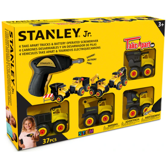 Stanley Jr. toy set packaging with toy trucks and screwdriver on a yellow background