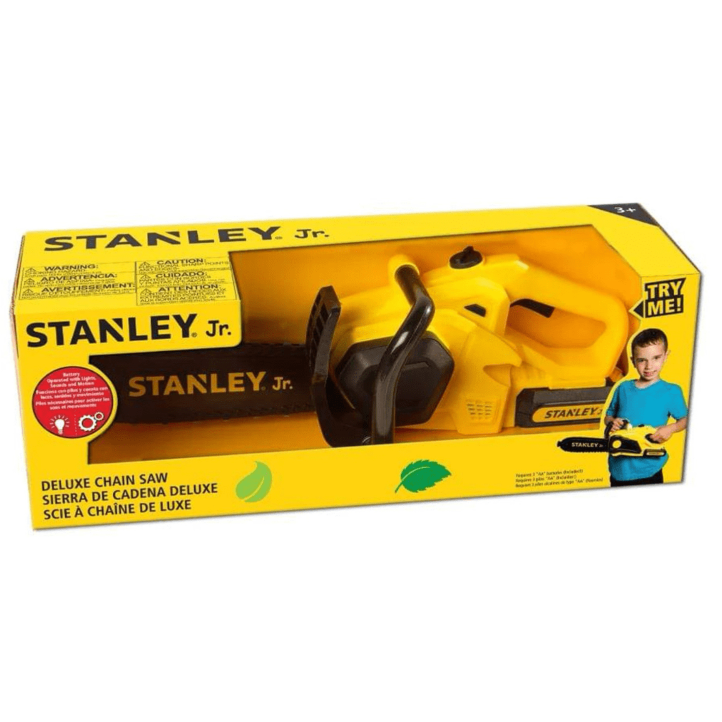 Packaged toy chainsaw in a yellow box on a white background