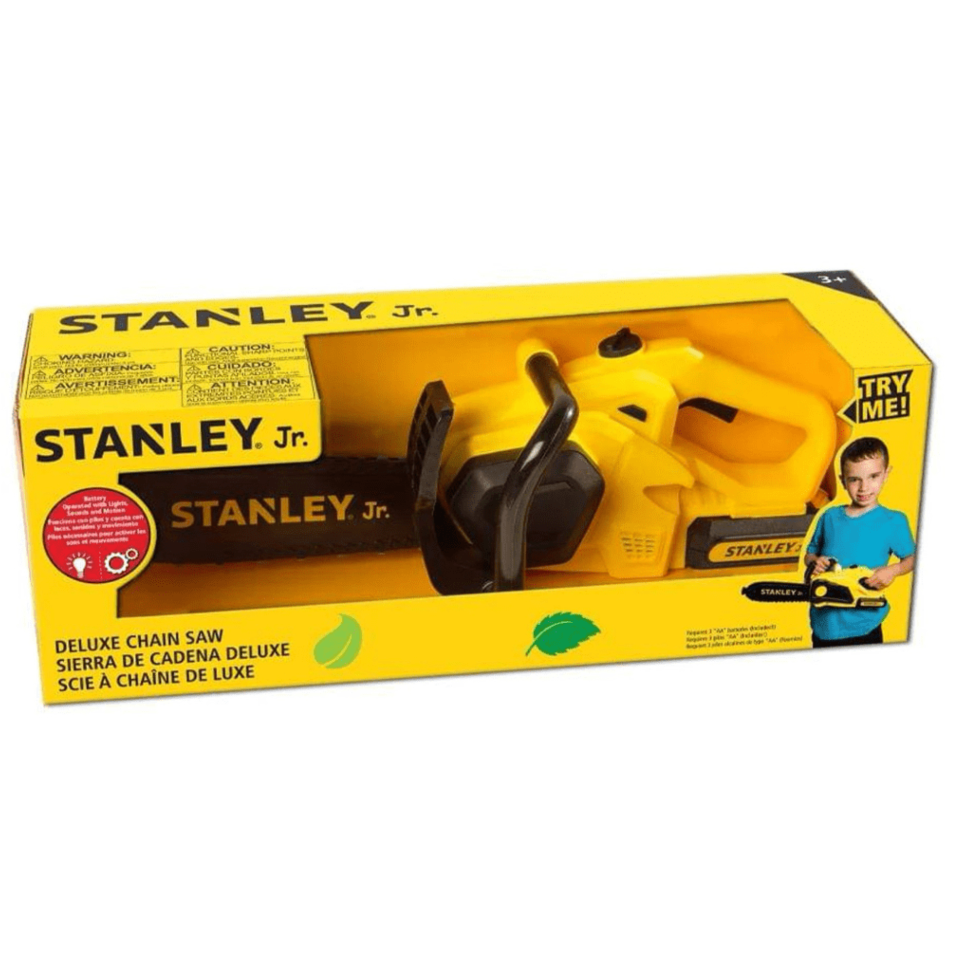 Packaged toy chainsaw in a yellow box on a white background