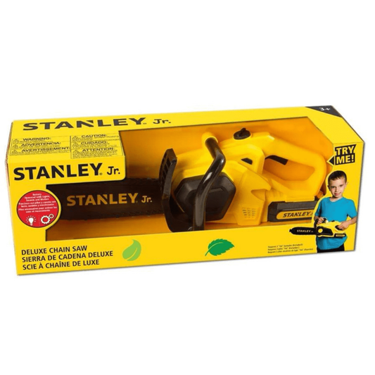 Packaged toy chainsaw in a yellow box on a white background