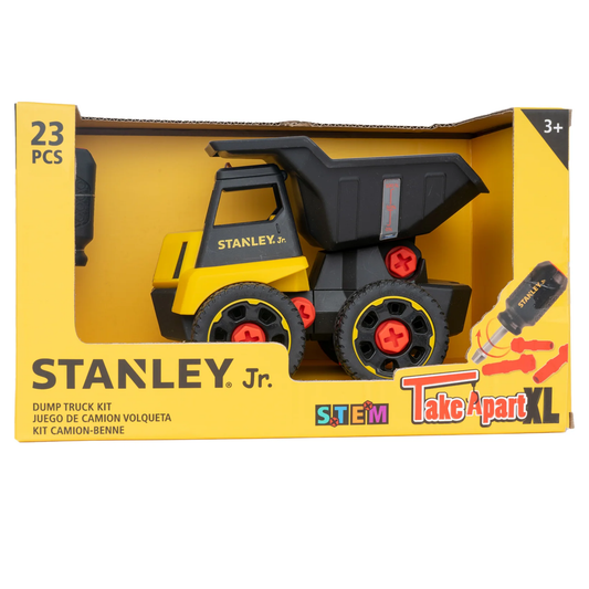 Packaged toy dump truck in a yellow box on a white background