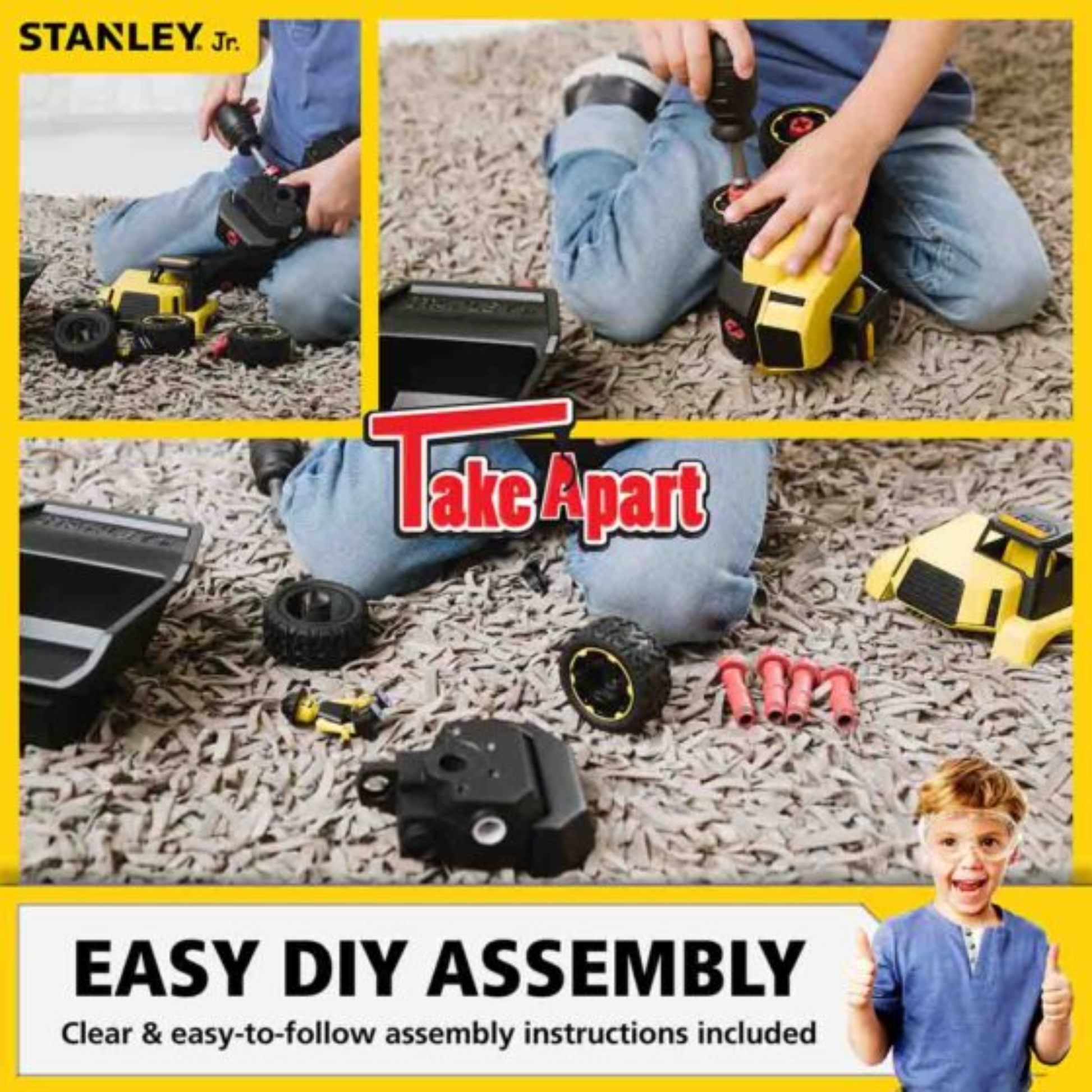 Pictures of a child taking apart a yellow and black dump truck toy.