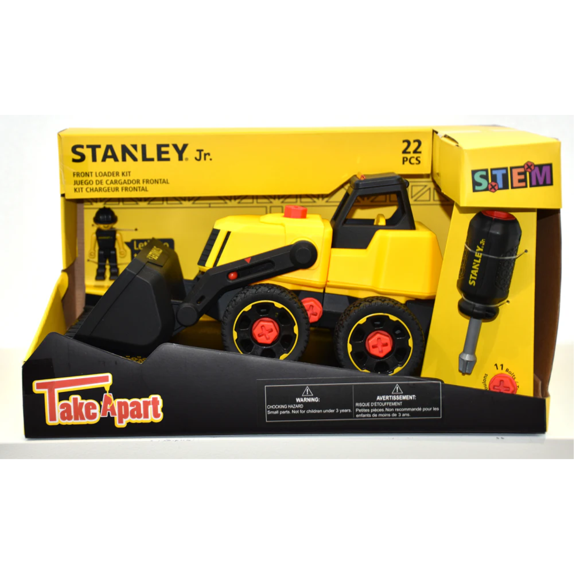 Packaged toy front loader in a yellow box on a white background