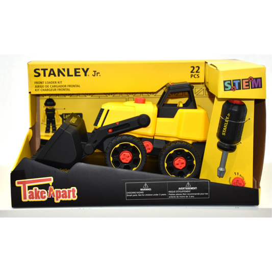 Packaged toy front loader in a yellow box on a white background