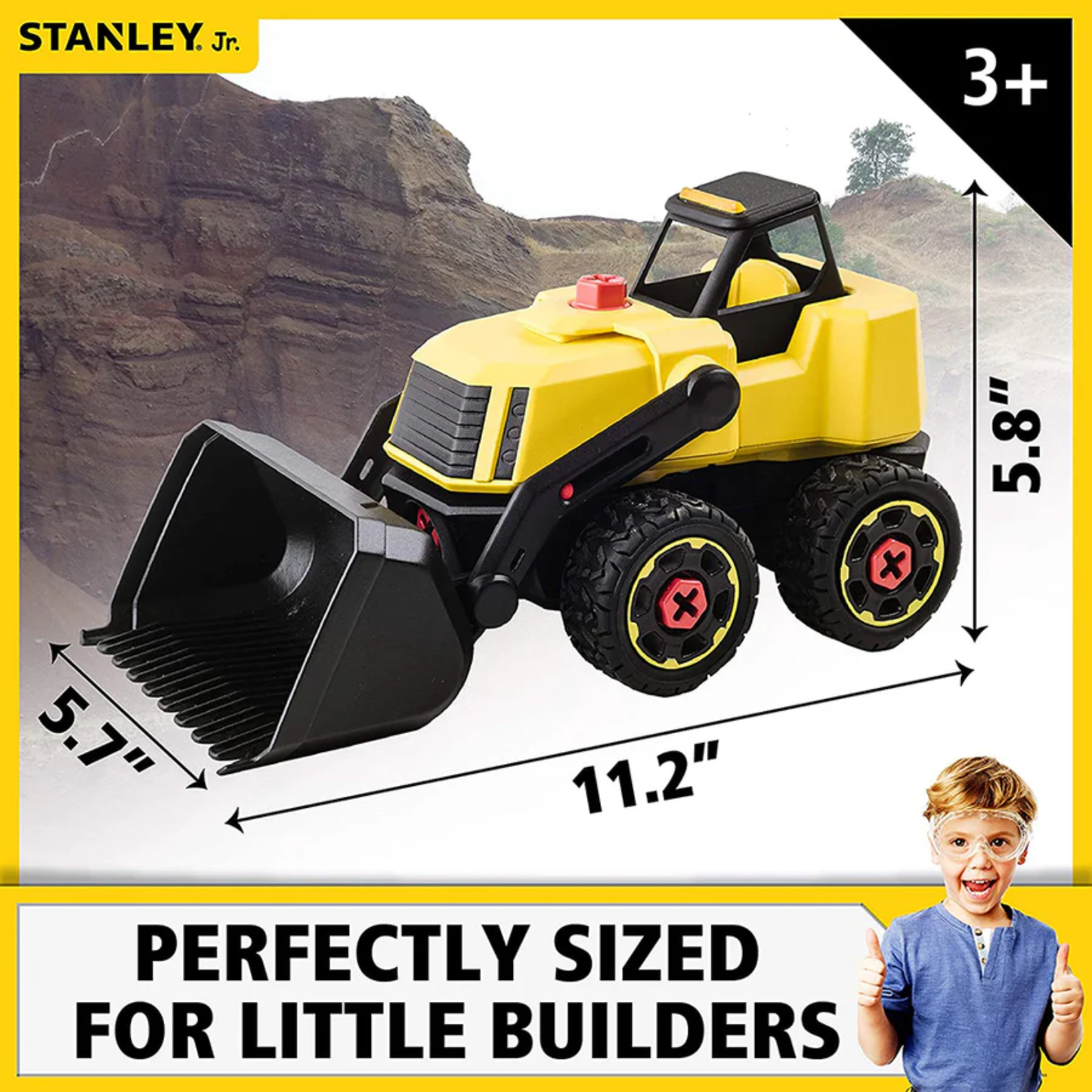 Yellow and black toy front loader with dimensions shown.