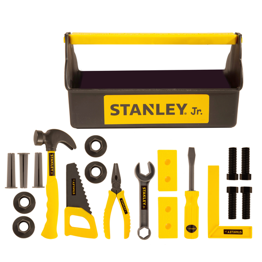 Black and yellow toy toolbox with tools laid underneath it.