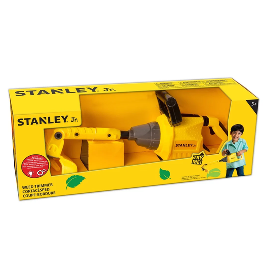 Packaged toy weed trimmer in a yellow box on a white background