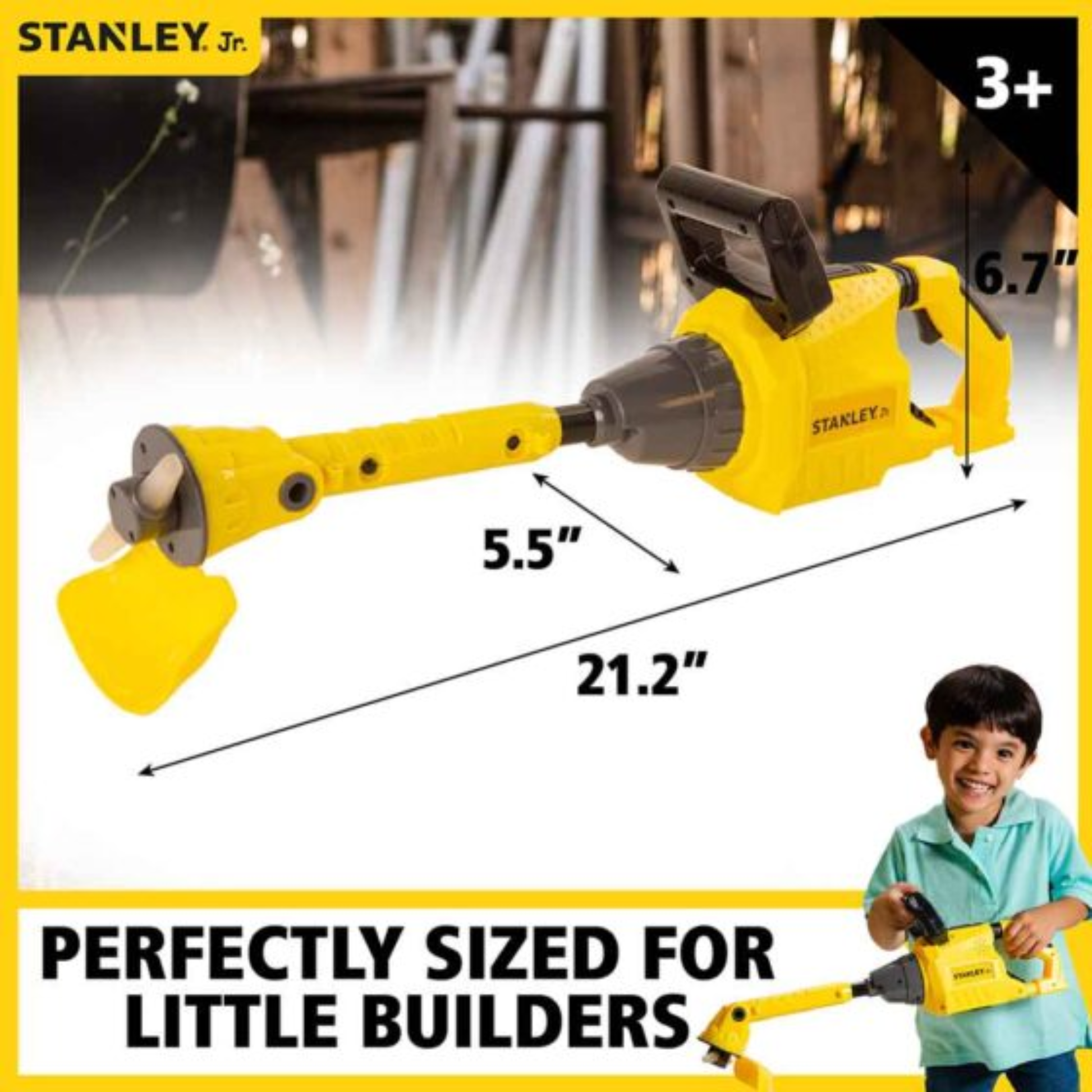 Yellow and black toy weed trimmer with dimensions shown.