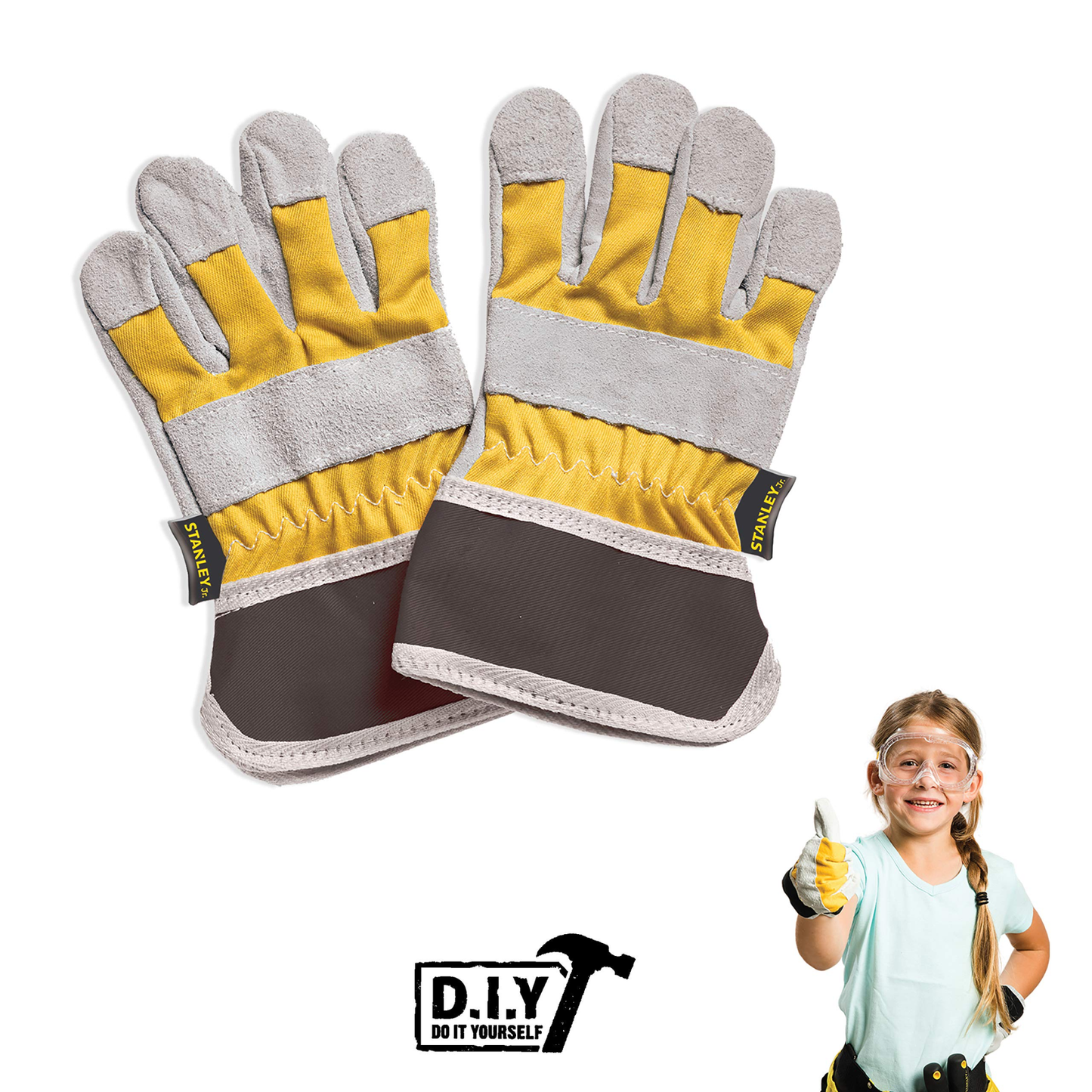 Kids yellow work gloves on a white background with an excited child in the corner.