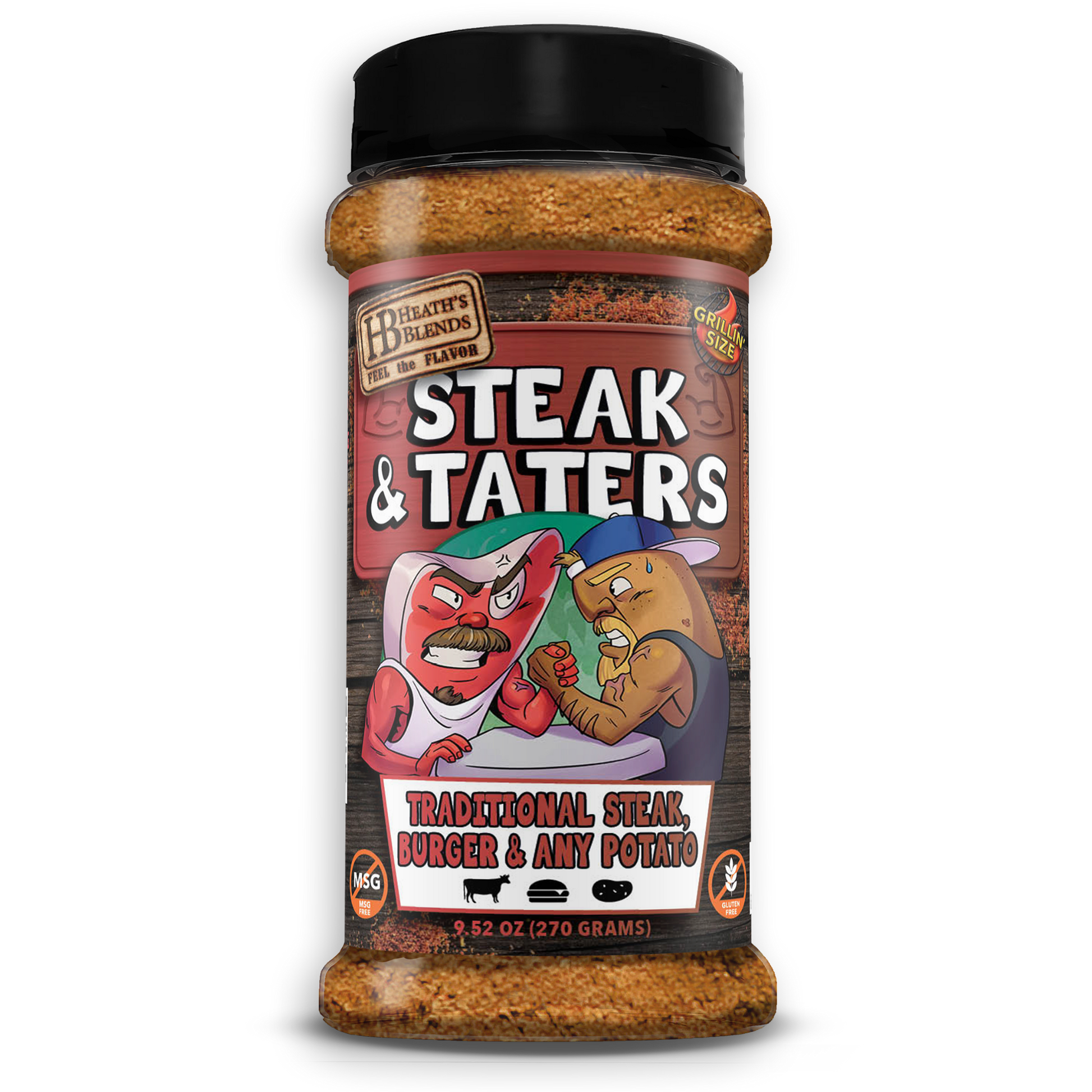Seasoning with a cartoon steak arm wrestling a cartoon potato.