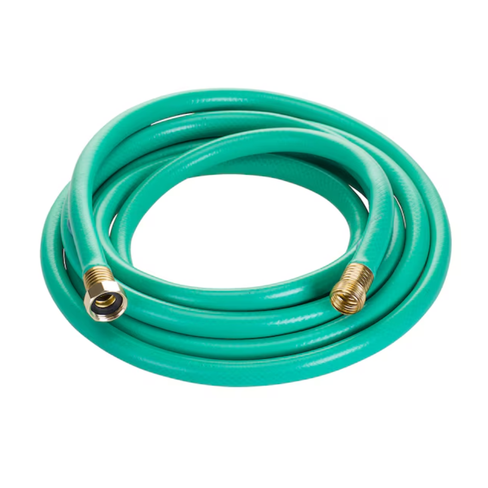 Coiled green garden hose with brass connectors on a white background