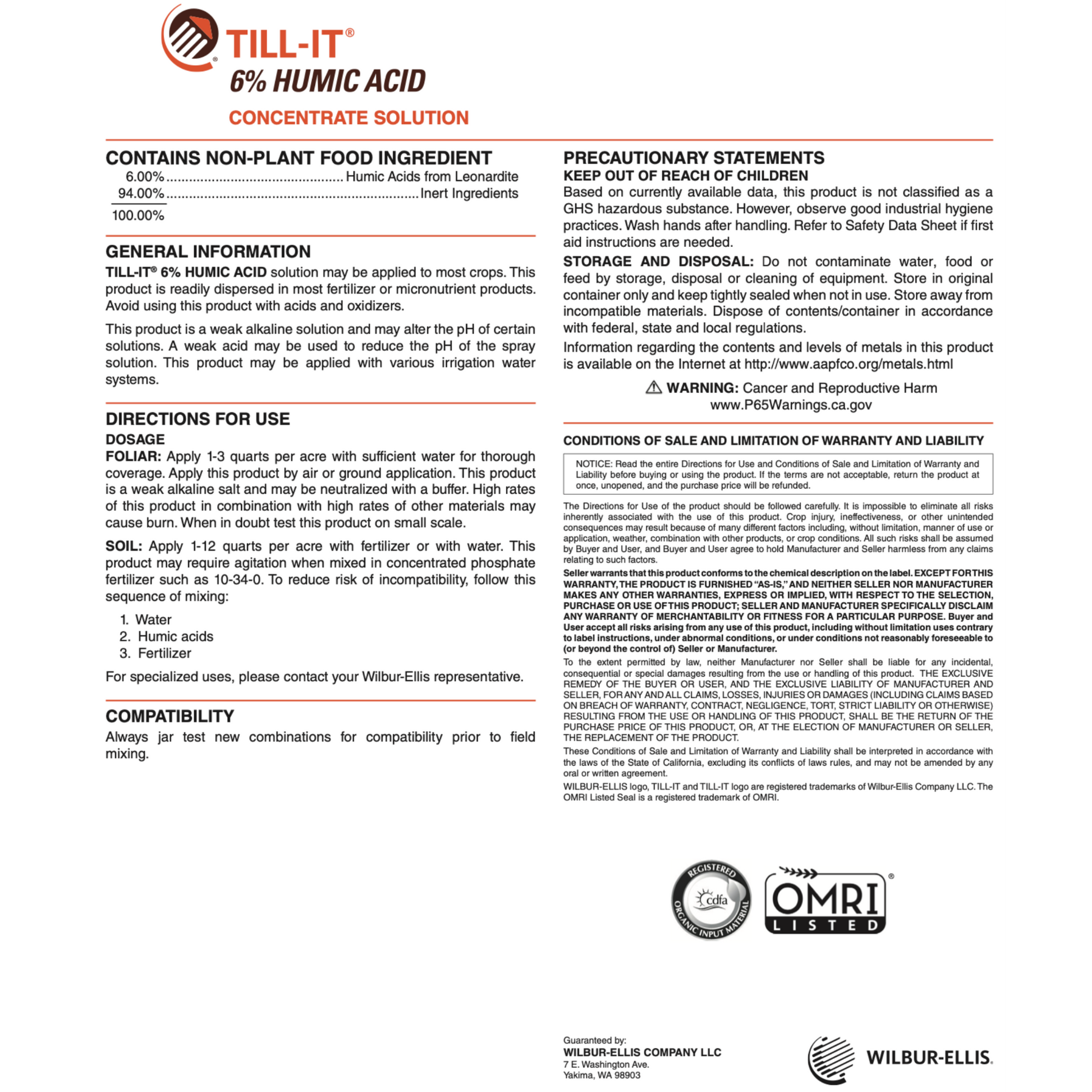Product label for Till-It 6% Humic Acid Concentrate Solution with text and logos.
