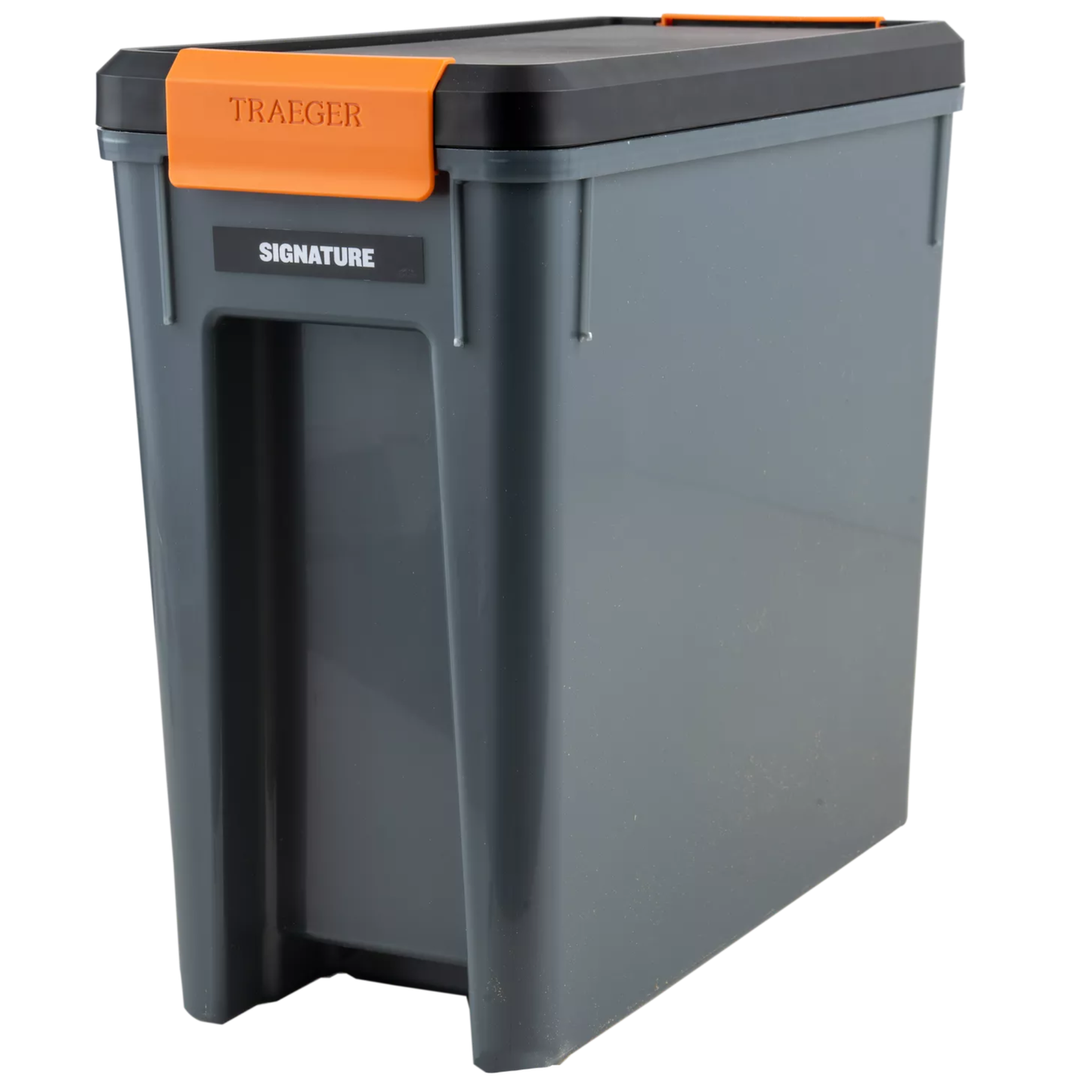Gray and orange bin for smoker pellet storage.