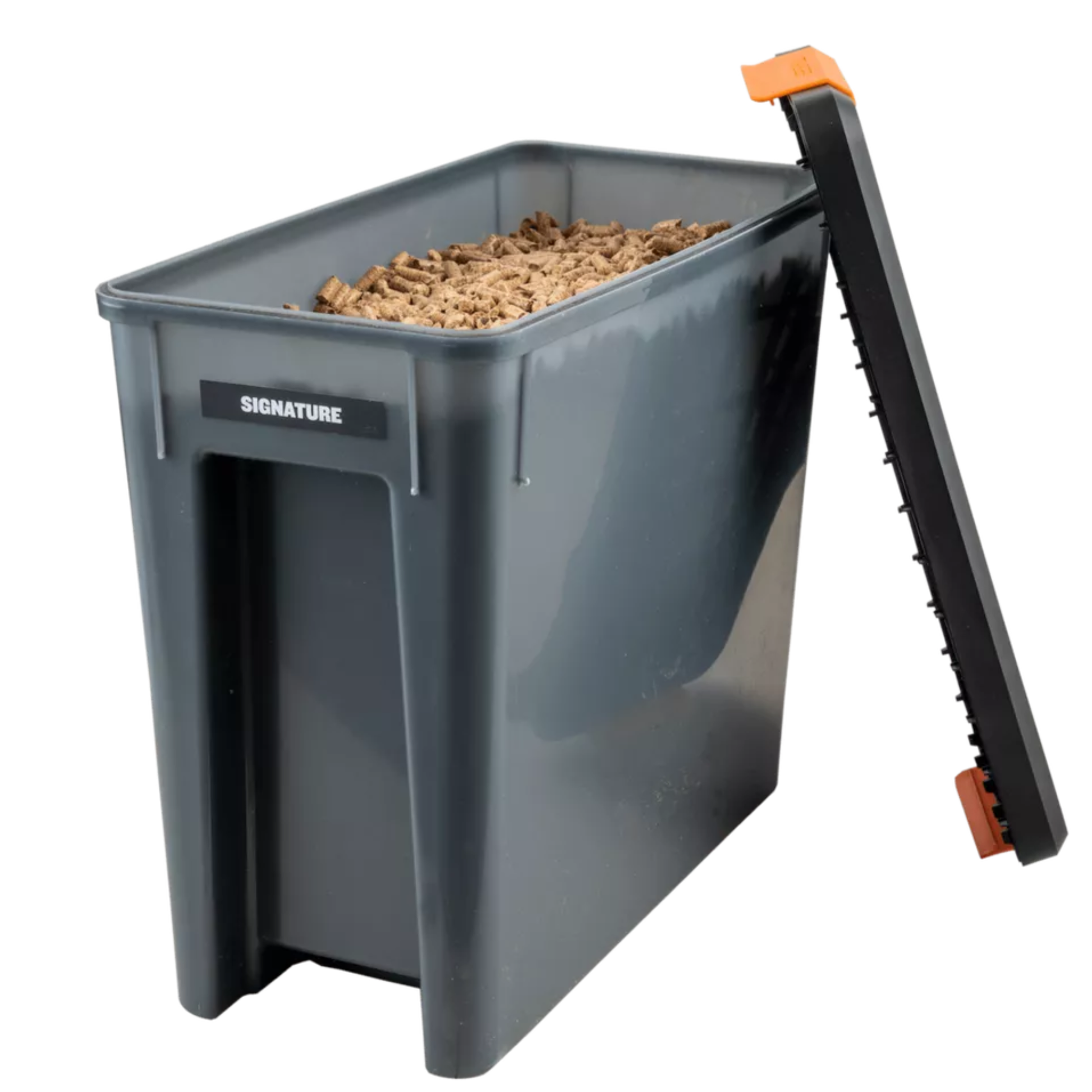 Pellet storage bin full of smoker pellets with the lid off.