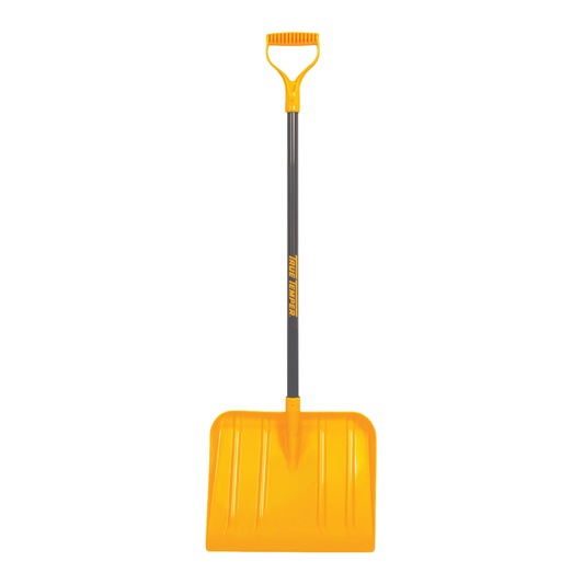 Yellow kid's snow shovel on a white background