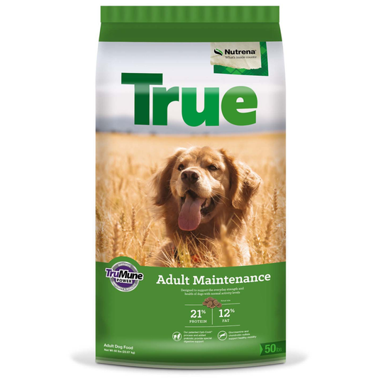 Bag of True Adult Maintenance dog food with a dog on the label