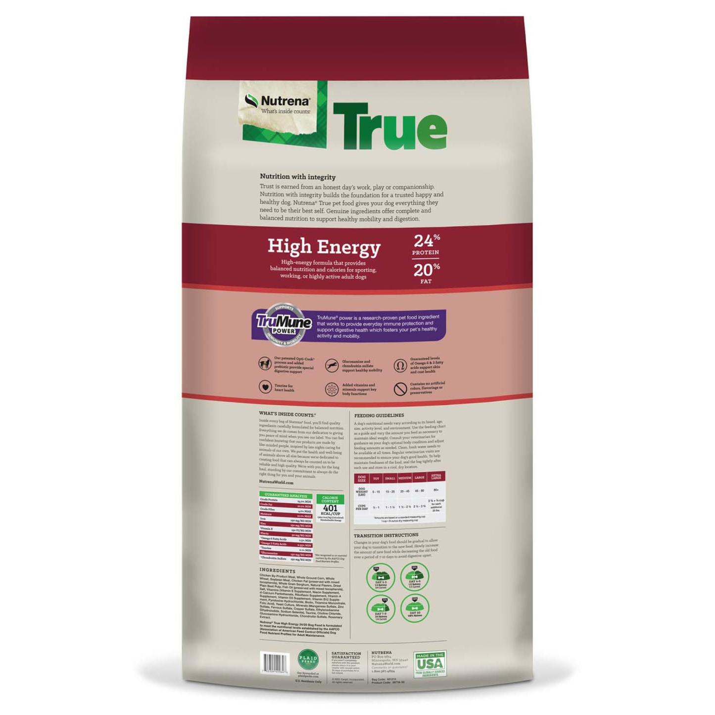 Nutrena True High Energy dog food package on a white background