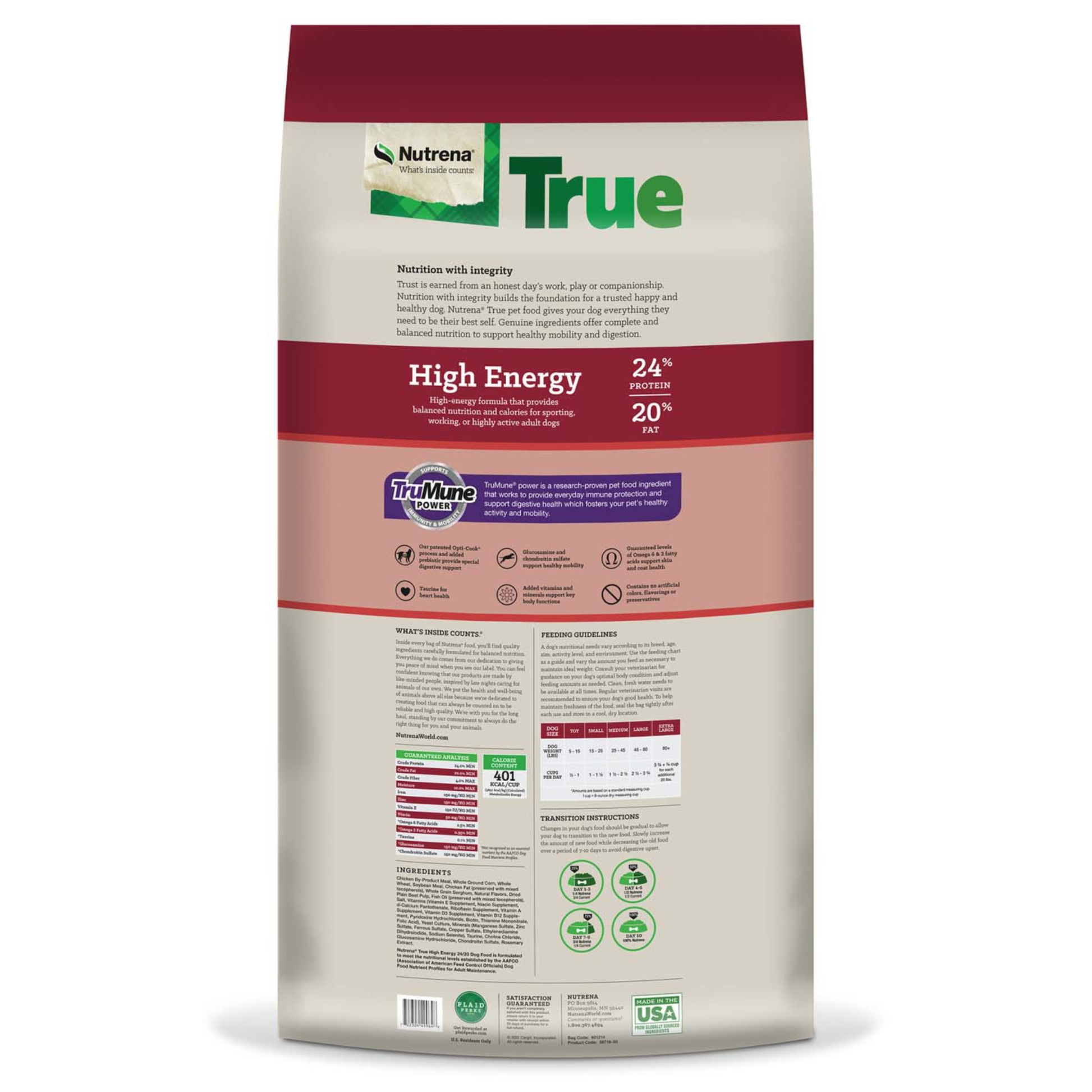 Nutrena True High Energy dog food package on a white background