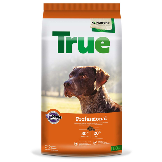 Bag of True Professional dog food with a dog's face on the label