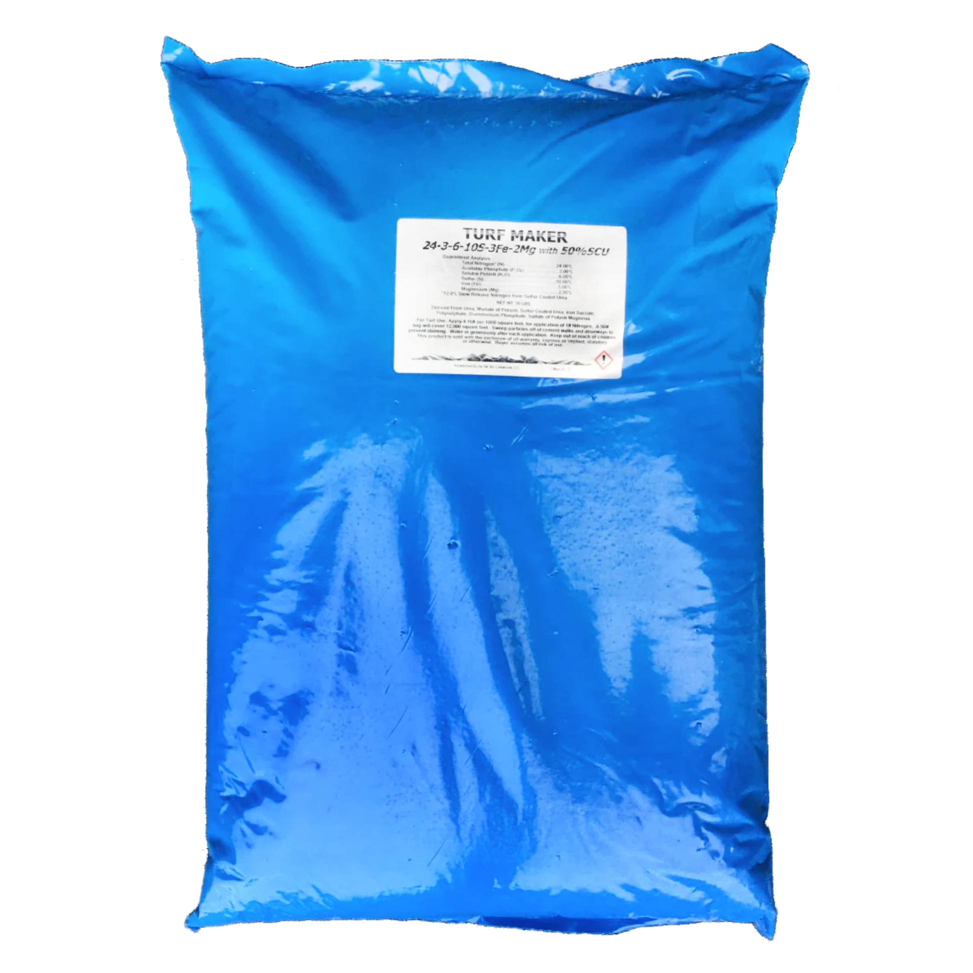 Blue bag of turf maker fertilizer with a label on a white background