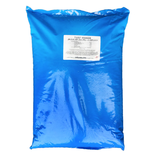 Blue bag of turf maker fertilizer with a label on a white background